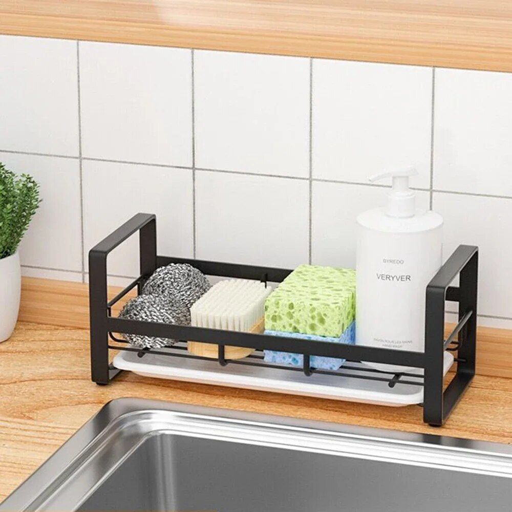 Compact and Durable Stainless Steel Kitchen Organizer – Sink Sponge, Rag, and Brush Holder with Drain Tray