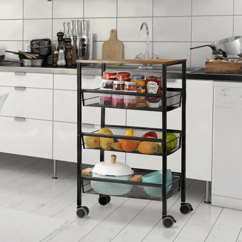 4-Tier Rolling Kitchen Storage Cart with Wooden Shelves & Lockable Wheels