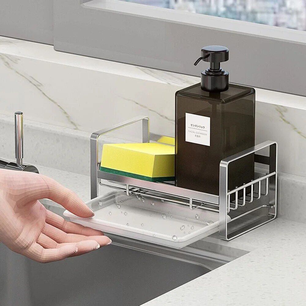 Compact and Durable Stainless Steel Kitchen Organizer – Sink Sponge, Rag, and Brush Holder with Drain Tray