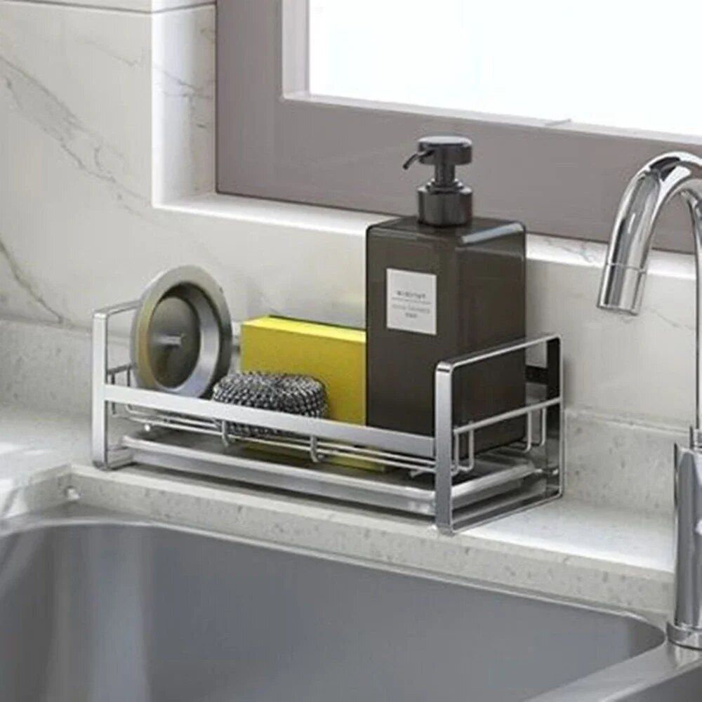 Compact and Durable Stainless Steel Kitchen Organizer – Sink Sponge, Rag, and Brush Holder with Drain Tray