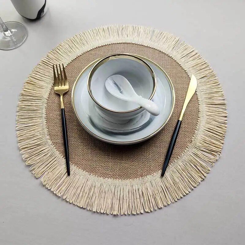 Eco-Friendly Linen Round Placemat with Fringe - Heat Resistant, Non-Slip Kitchen Table Mat
