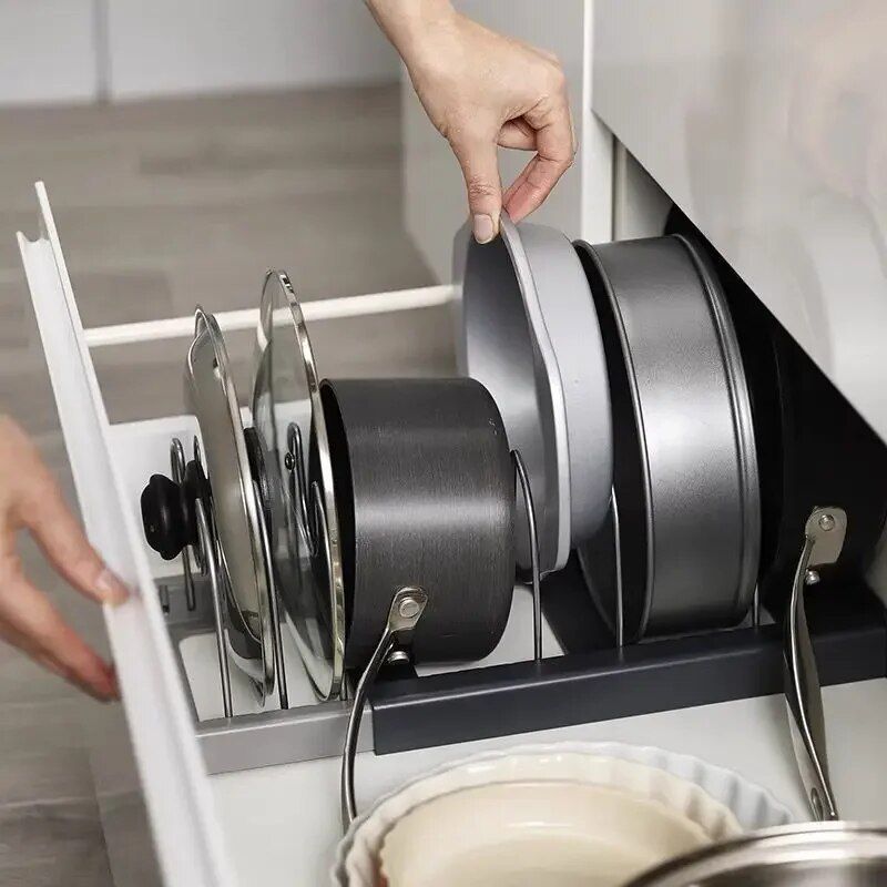 Expandable Stainless Steel Kitchen Organizer: Pots, Pans, and Knife Storage with Drying Shelf