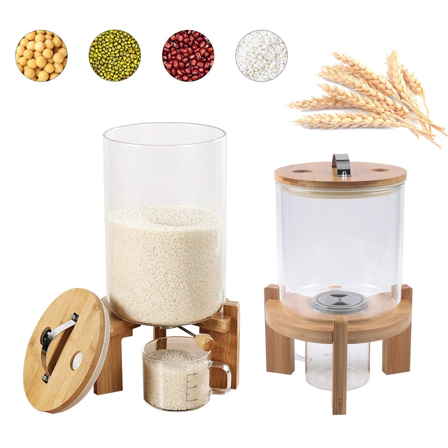 Modern Glass and Bamboo Food Storage Dispenser for Kitchen Organization - 5L/7.5L Capacity
