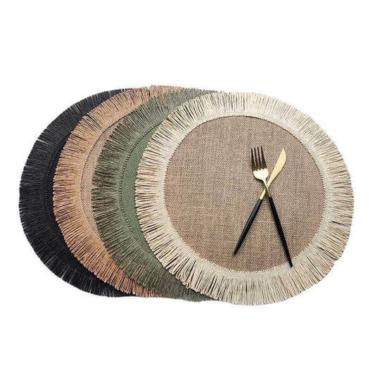 Eco-Friendly Linen Round Placemat with Fringe - Heat Resistant, Non-Slip Kitchen Table Mat