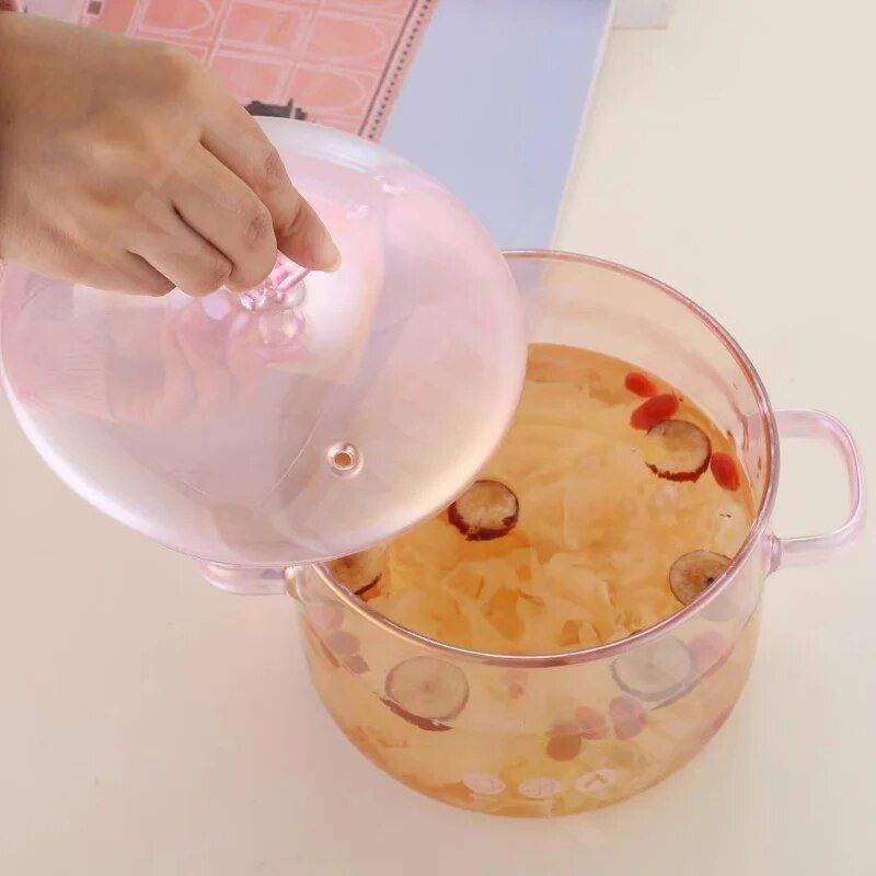 Heat-Resistant Pink Glass Cooking Pot