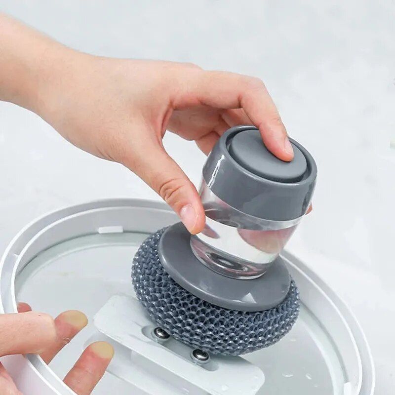 2-in-1 Kitchen Cleaning Brush with Soap Dispenser and Stainless Steel Scourer