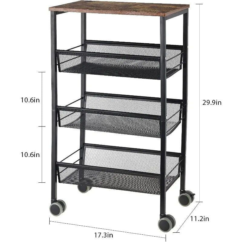 4-Tier Rolling Kitchen Storage Cart with Wooden Shelves & Lockable Wheels