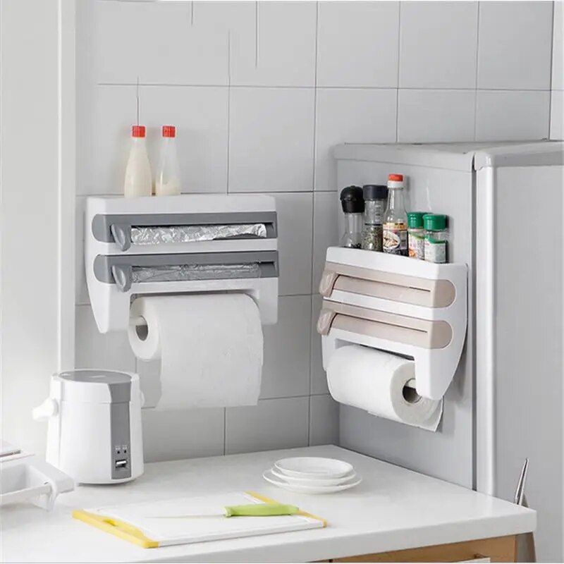 Multi-Function Kitchen Organizer: Wall-Mounted Wrap Cutter and Spice Rack