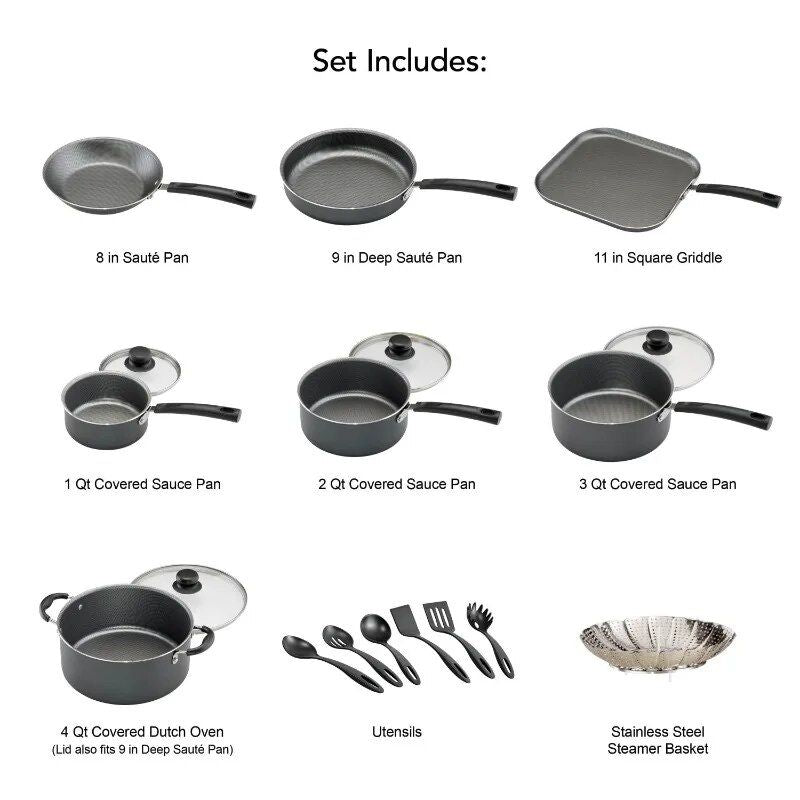 18-Piece Non-stick Cookware Set, Easy-Clean, Gray