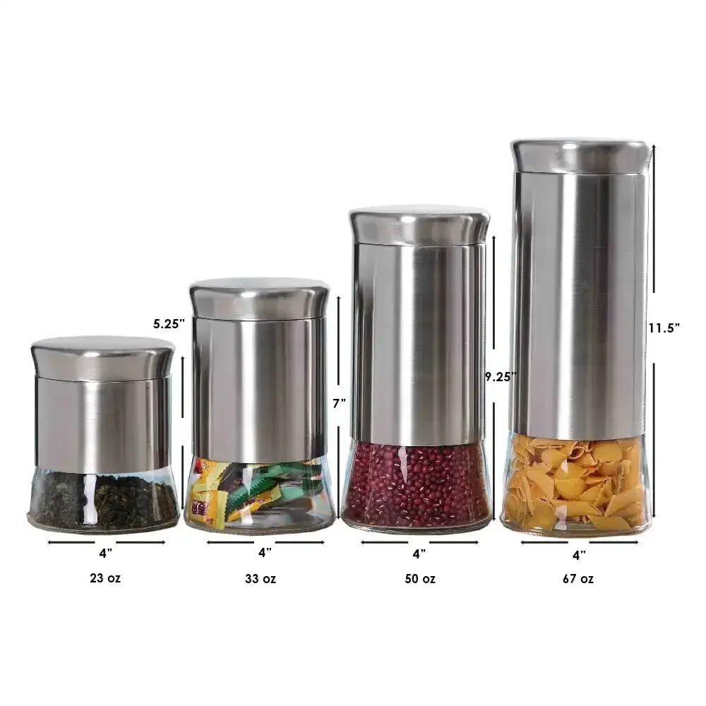 Essential Stainless Steel Kitchen Canister Set - 4 Pieces, Clear Glass Base, Airtight Lids