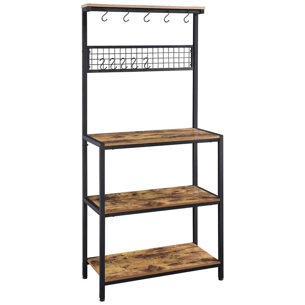 67" Rustic Brown Wooden Kitchen Bakers Rack with Storage Shelves & Hooks
