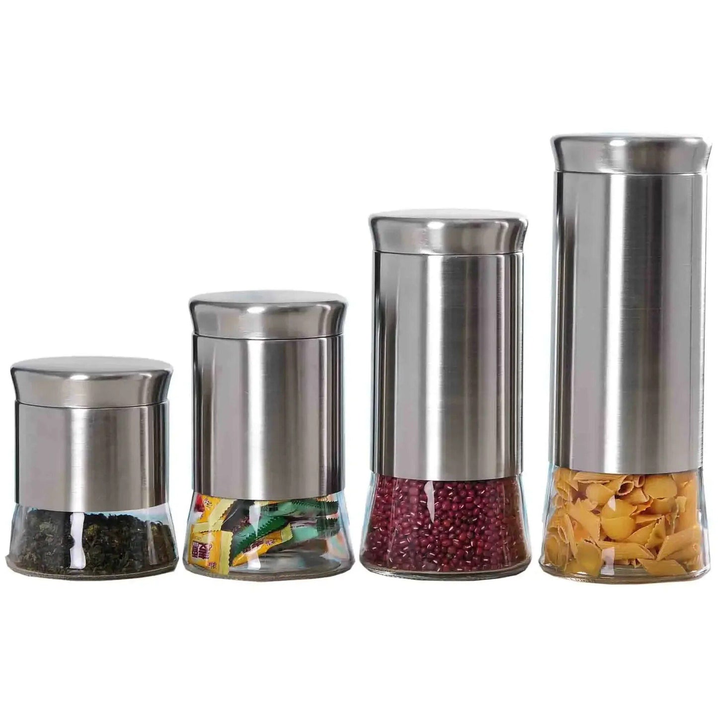 Essential Stainless Steel Kitchen Canister Set - 4 Pieces, Clear Glass Base, Airtight Lids