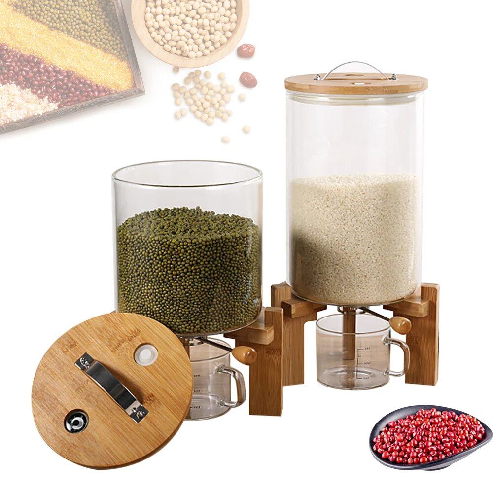 Modern Glass and Bamboo Food Storage Dispenser for Kitchen Organization - 5L/7.5L Capacity