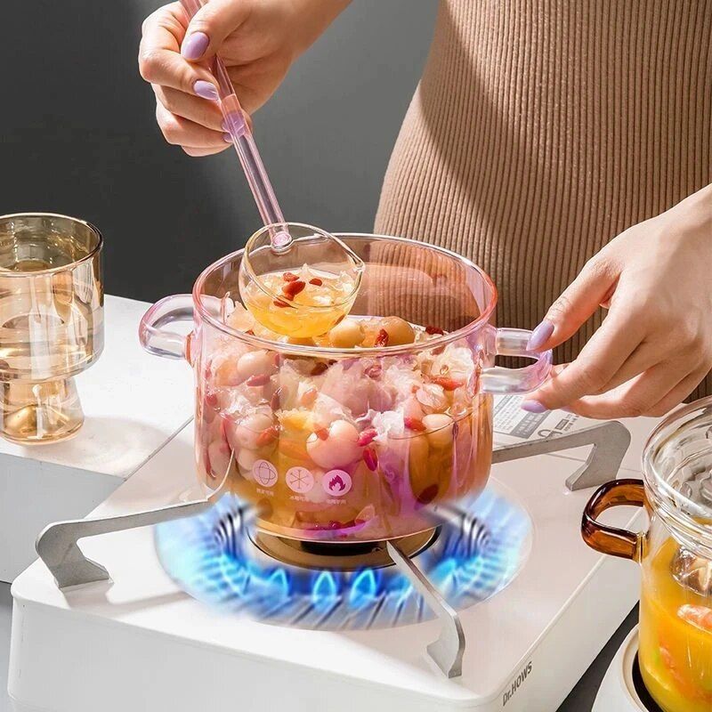Heat-Resistant Pink Glass Cooking Pot