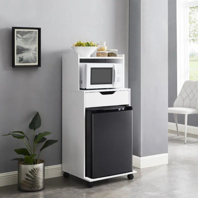 Compact White Kitchen Cart with Microwave & Mini Fridge Storage